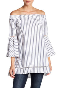 BLUE AND WHITE STRIPE OFF THE SHOULDER TOP WITH FLOWY SLEEVES