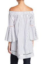 Load image into Gallery viewer, BLUE AND WHITE STRIPE OFF THE SHOULDER TOP WITH FLOWY SLEEVES