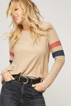 Load image into Gallery viewer, TAUPE RIB TEE WITH STRIPE SLEEVE