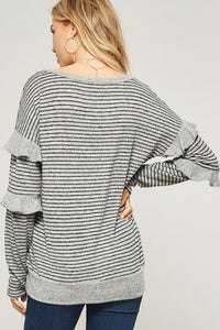 GREY RUFFLE SLEEVE SWEATER WITH GREEN STRIPES