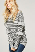 Load image into Gallery viewer, GREY RUFFLE SLEEVE SWEATER WITH GREEN STRIPES