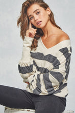 Load image into Gallery viewer, CHARCOAL AND OATMEAL STRIPE SWEATER WITH BISHOP SLEEVE