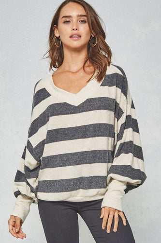 CHARCOAL AND OATMEAL STRIPE SWEATER WITH BISHOP SLEEVE