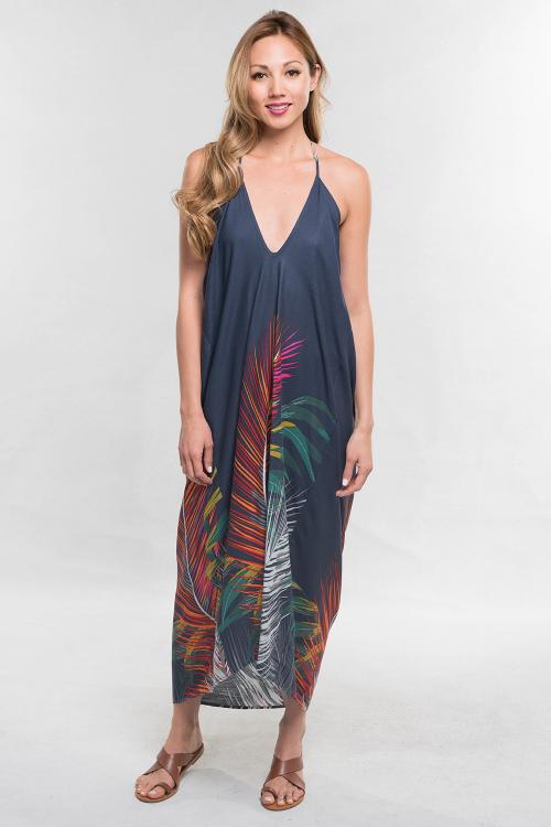 TROPICAL PRINT COCOON HALTER DRESS WITH TASSEL TIE BACK