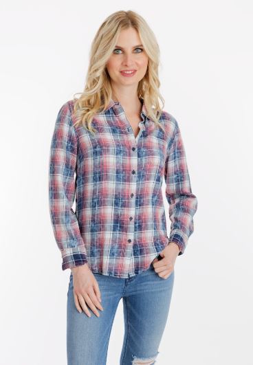 FADED BLUE AND RED PLAID BUTTON DOWN WITH SIDE BUTTON DETAIL
