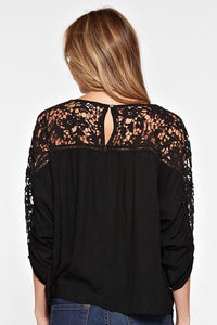 RUCHED SLEEVE LACE YOKE TOP
