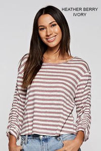 STRIPED KNIT TOP WITH RUCHED SLEEVES