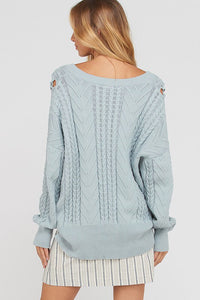 LIGHT BLUE CABLE KNIT VNECK WITH TIE FRONT DETAIL