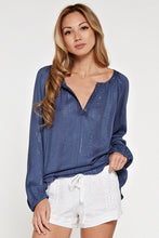 Load image into Gallery viewer, LONG SLEEVE STRIPE GAUZE TOP WITH LUREX &amp; GROMET NECK DETAIL
