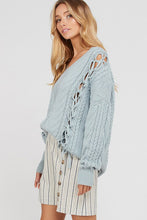 Load image into Gallery viewer, LIGHT BLUE CABLE KNIT VNECK WITH TIE FRONT DETAIL