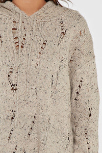 HOODED DISTRESSED SPECKLED SWEATER
