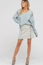 Load image into Gallery viewer, LIGHT BLUE CABLE KNIT VNECK WITH TIE FRONT DETAIL