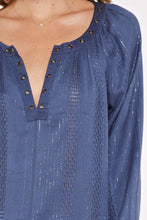 Load image into Gallery viewer, LONG SLEEVE STRIPE GAUZE TOP WITH LUREX &amp; GROMET NECK DETAIL