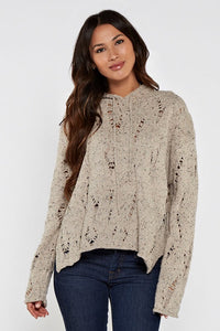 HOODED DISTRESSED SPECKLED SWEATER