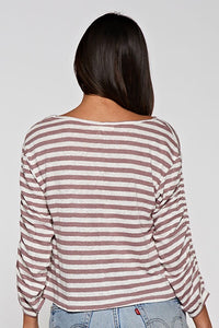 STRIPED KNIT TOP WITH RUCHED SLEEVES